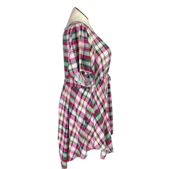 Torrid Top Women 2X Pink Plaid Babydoll Lattice Back Short Sleeves Stretch Waist - Picture 5 of 9